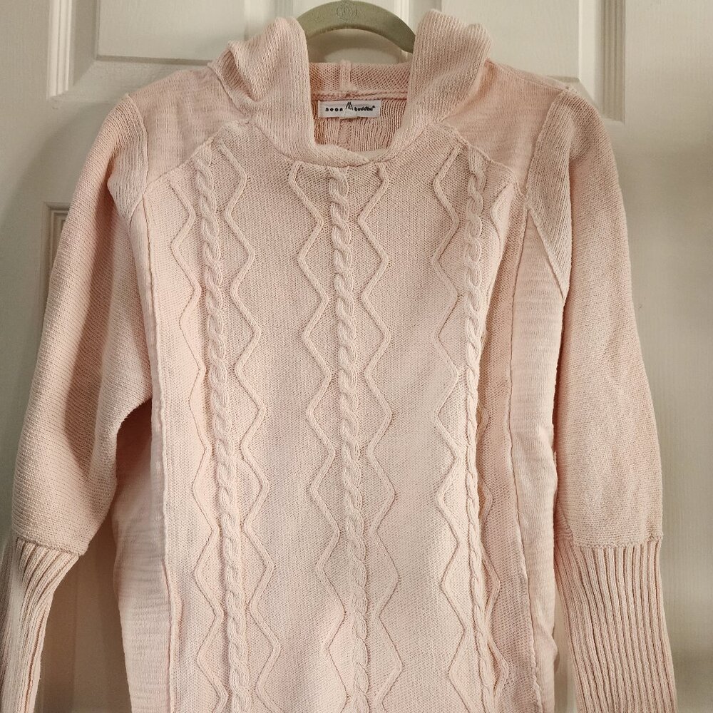 NEON BUDDHA CABLE-KNIT PINK SWEATER WITH HOOD